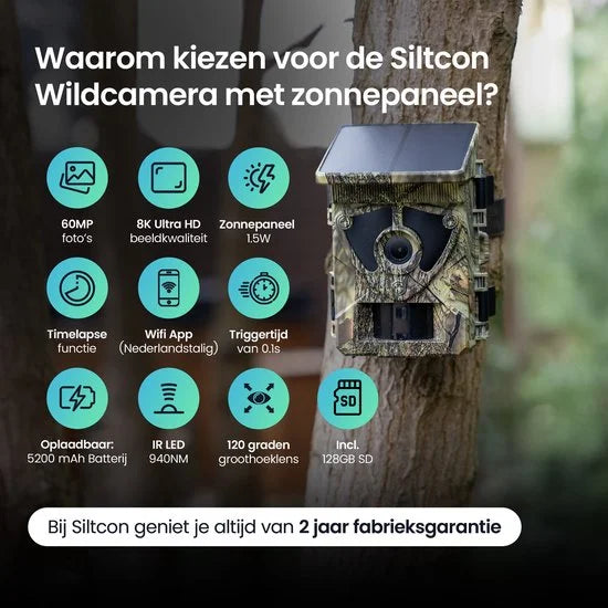 Siltcon® Wildcamera met Zonnepaneel Oplaadbaar - 8K Ultra HD & 60MP - Wildcamera met Nachtzicht en WiFi - No-Glow - Wildcamera Voor Buiten - Nachtzic