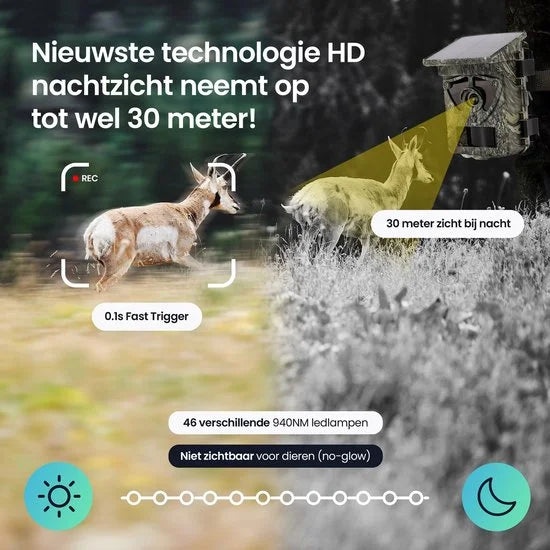 Siltcon® Wildcamera met Zonnepaneel Oplaadbaar - 8K Ultra HD & 60MP - Wildcamera met Nachtzicht en WiFi - No-Glow - Wildcamera Voor Buiten - Nachtzic