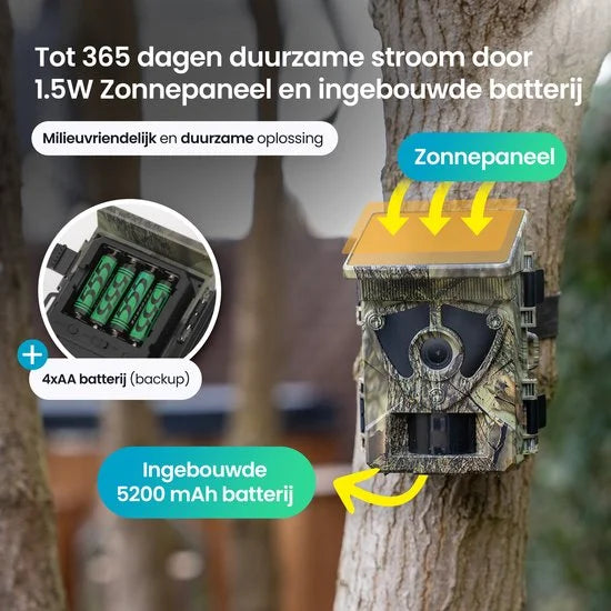Siltcon® Wildcamera met Zonnepaneel Oplaadbaar - 8K Ultra HD & 60MP - Wildcamera met Nachtzicht en WiFi - No-Glow - Wildcamera Voor Buiten - Nachtzic