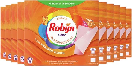 Robijn - Wasmiddeldoekjes - Color - 100% oplosbare doekjes in een kartonnen verpakking - 160 wasstrips